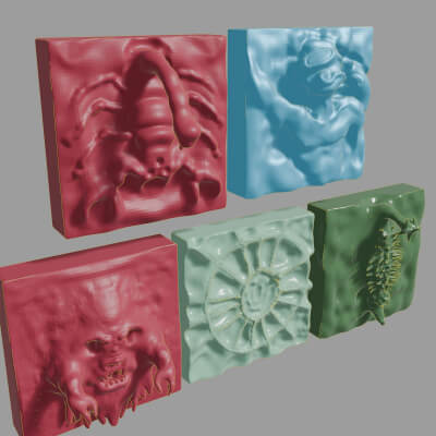 Set of Tiles With a Bas-Relief of a Diver and Scary Animals