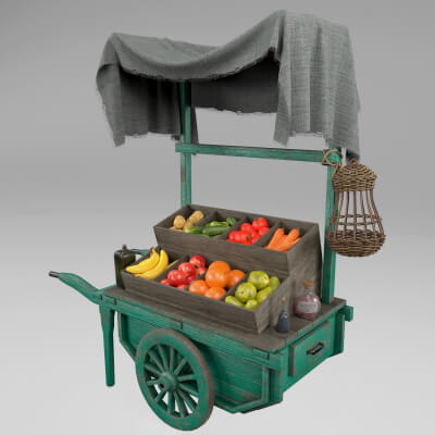 Vintage Wheelbarrow Counter With Vegetables and Fruits