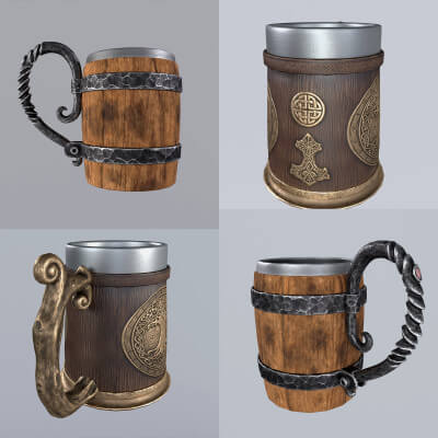 Two stylized wooden mugs