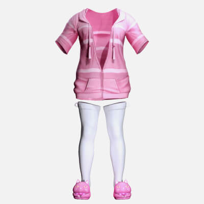 Realistic Female Loungewear Pink Striped Hoodie Cat Slipper