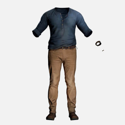 Realistic Male Casual Outfit Blue Henley Brown Chinos