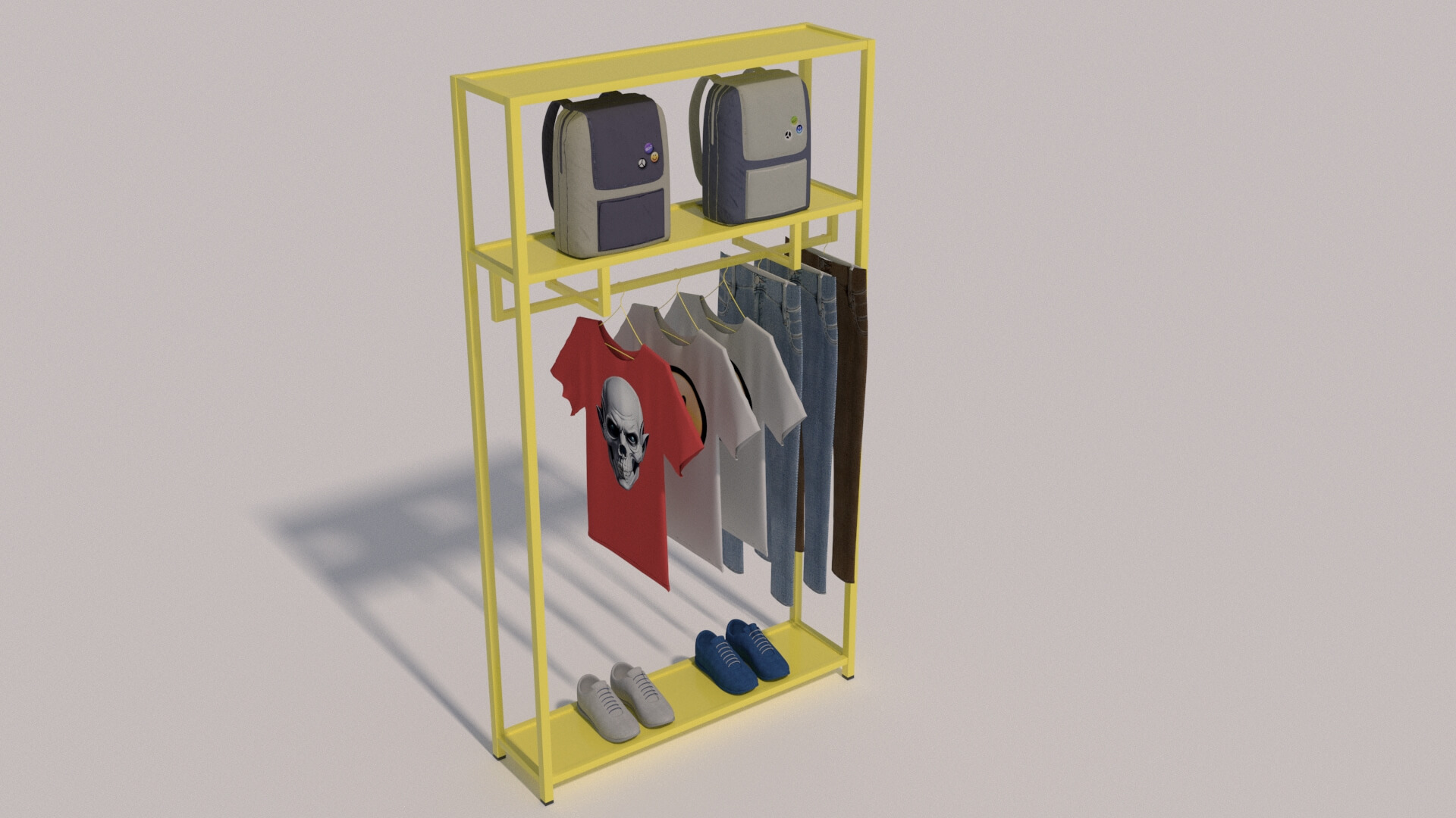 Tshirts Jeans Sport Shoes and Backpack Rack - 3D Model by kopofx