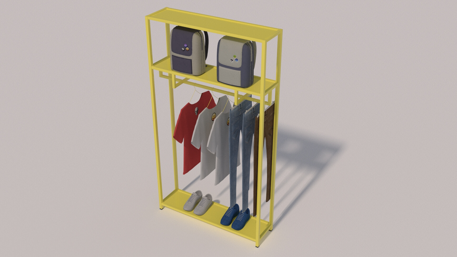 Tshirts Jeans Sport Shoes and Backpack Rack - 3D Model by kopofx
