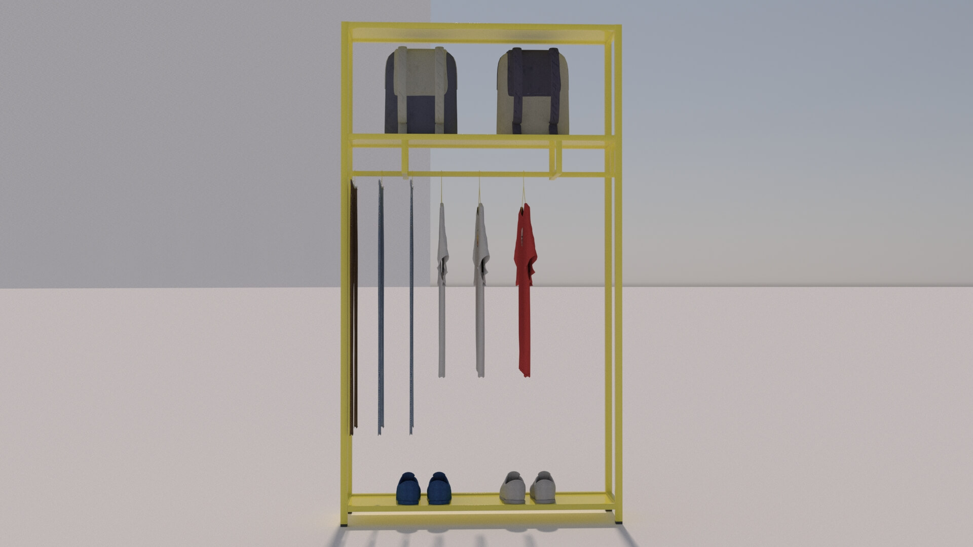 Tshirts Jeans Sport Shoes and Backpack Rack - 3D Model by kopofx