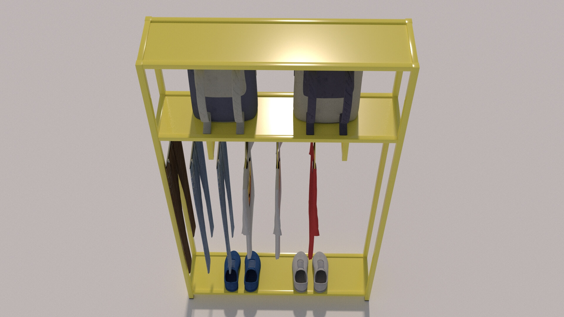 Tshirts Jeans Sport Shoes and Backpack Rack - 3D Model by kopofx