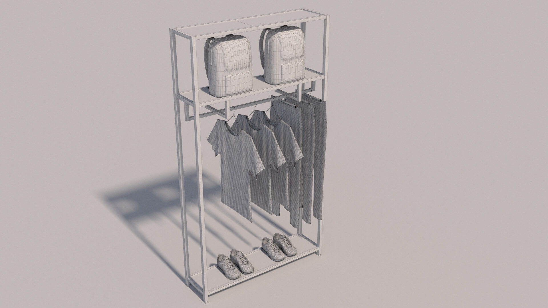 Tshirts Jeans Sport Shoes and Backpack Rack - 3D Model by kopofx