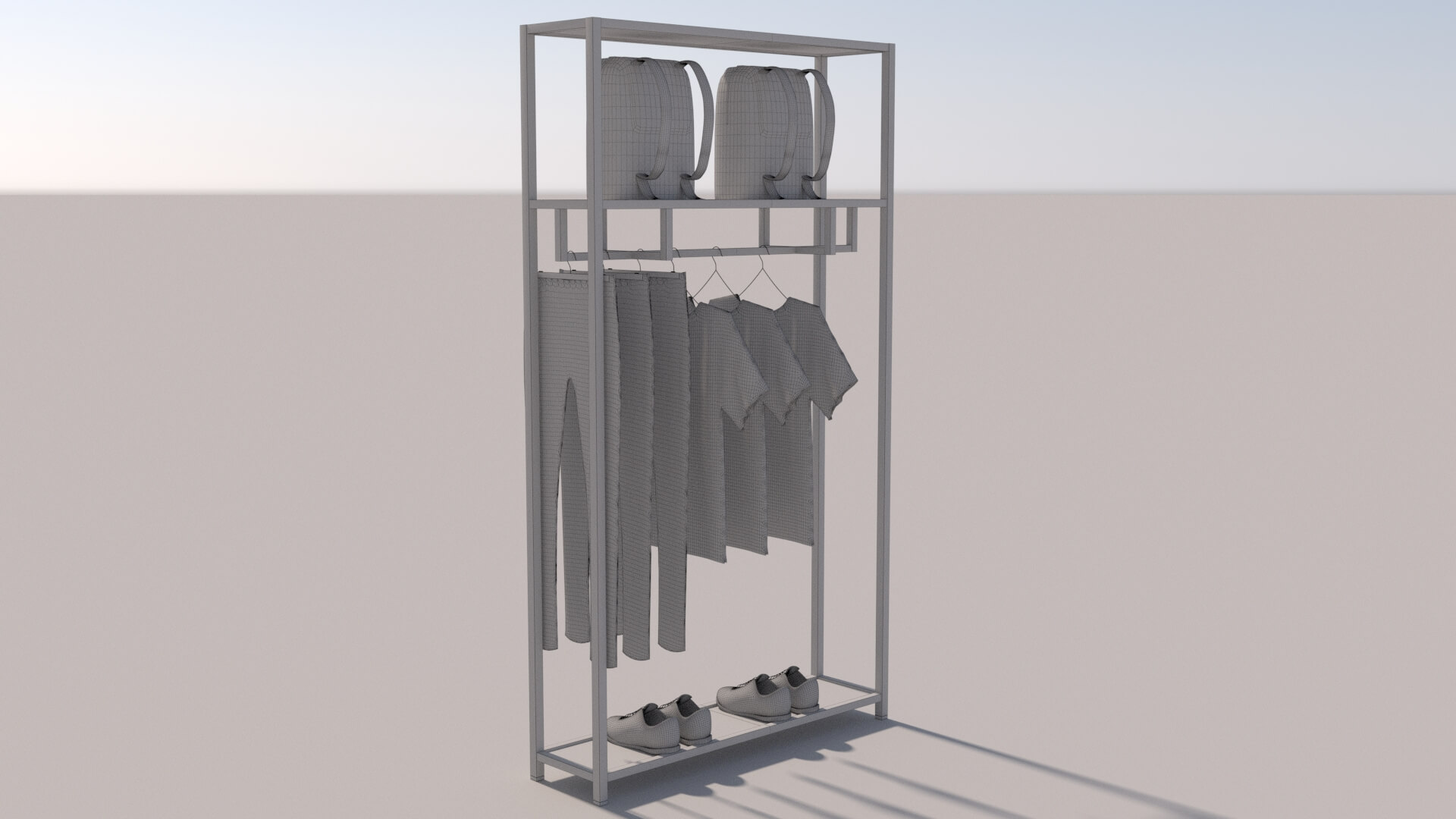 Tshirts Jeans Sport Shoes and Backpack Rack - 3D Model by kopofx