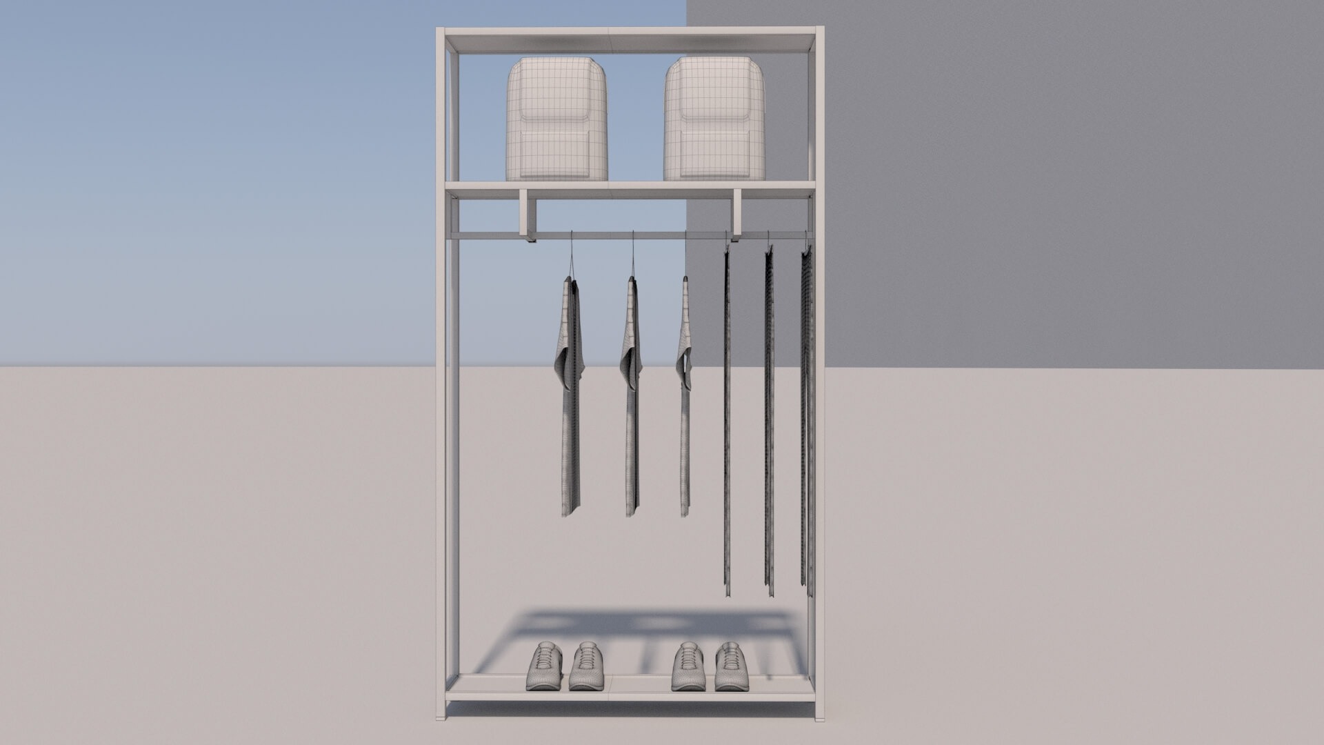 Tshirts Jeans Sport Shoes and Backpack Rack - 3D Model by kopofx