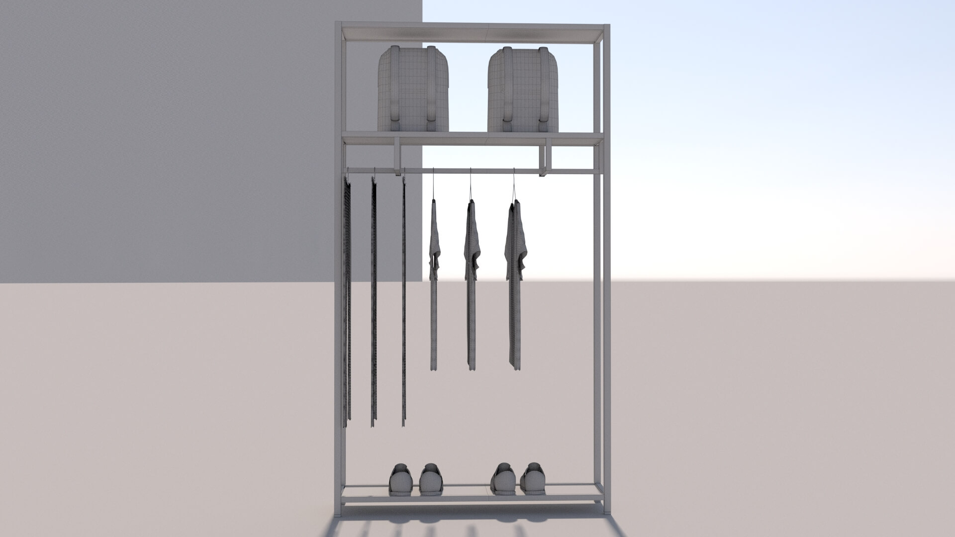 Tshirts Jeans Sport Shoes and Backpack Rack - 3D Model by kopofx