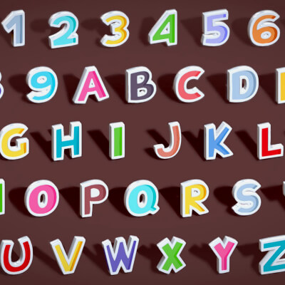 Simple Alphabets Numbers Pack 8 Kid Stylized Toon Metallic