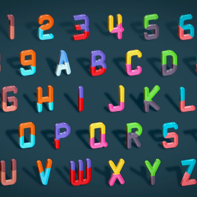 Simple Alphabets Numbers Pack 9 Kid Stylized Toon Metallic