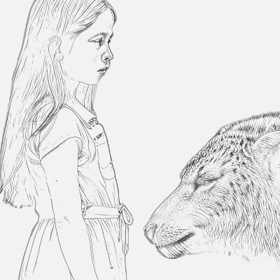Enchanting Sketch of a Little Girl and Her Loyal Wolf