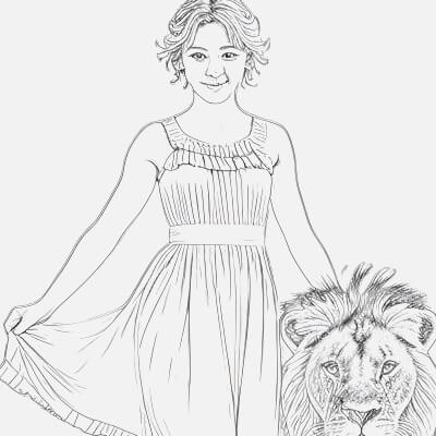 Majestic Girl with Lion Sketch Expressing Fearlessness