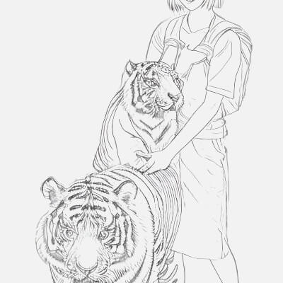 Sketch of a Girl Riding Two Tigers Capturing Adventure