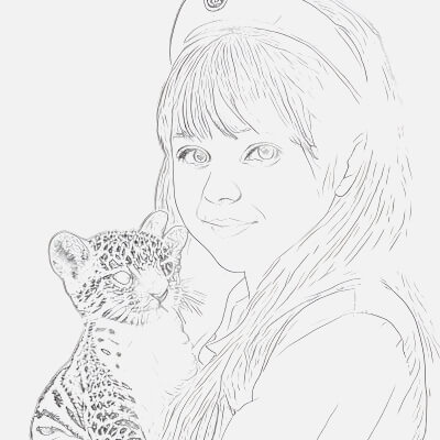 Sketch of a Little Girl and Her Playful Mini Tiger Companion