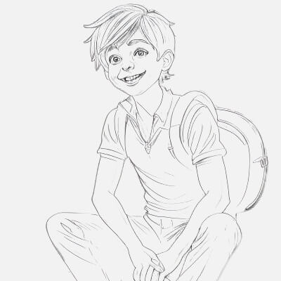 Smiling Boy with Backpack Sketch