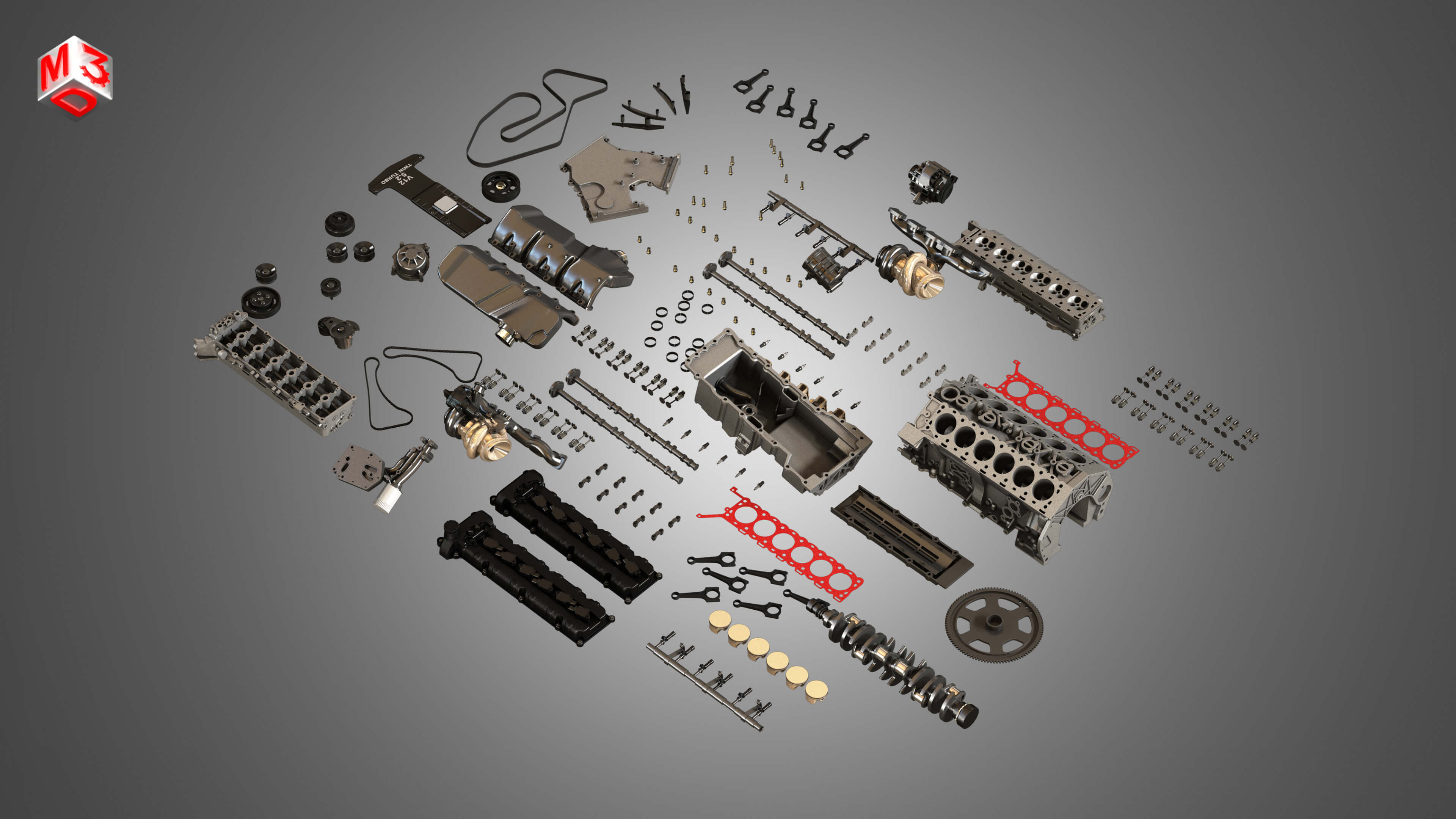 V12 Twin Turbo Disassembled Car Engine - 3D Model by Markos3d