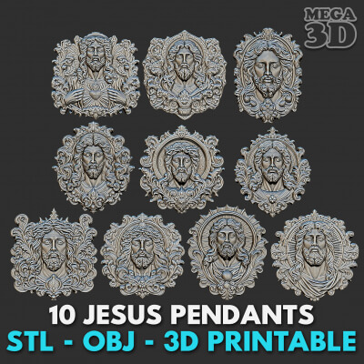 10 Jesus Pendant Necklaces - 3D Printable 3D Model by mega3d