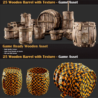25 Wooden Barrel with Texture - Game Asset 3D Model by Miladkambari