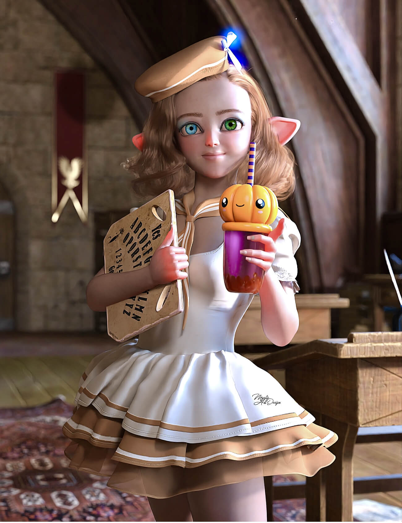 Cute Fantasy Portrait 3D Render, Digital Art by MysticArtDesign