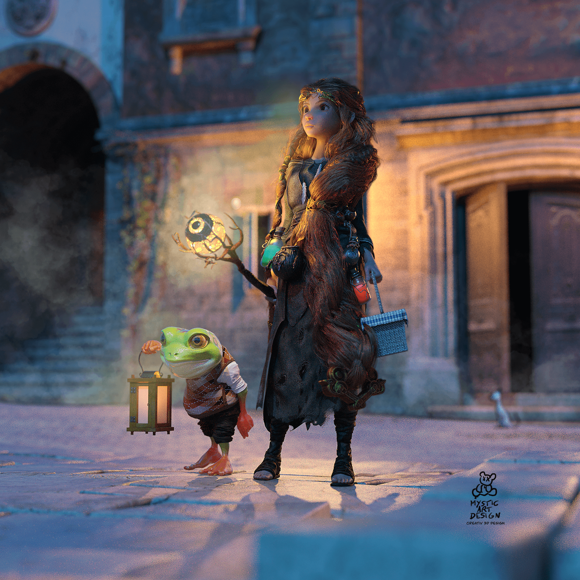 Night in fantasy town 3D Render, Digital Art by MysticArtDesign