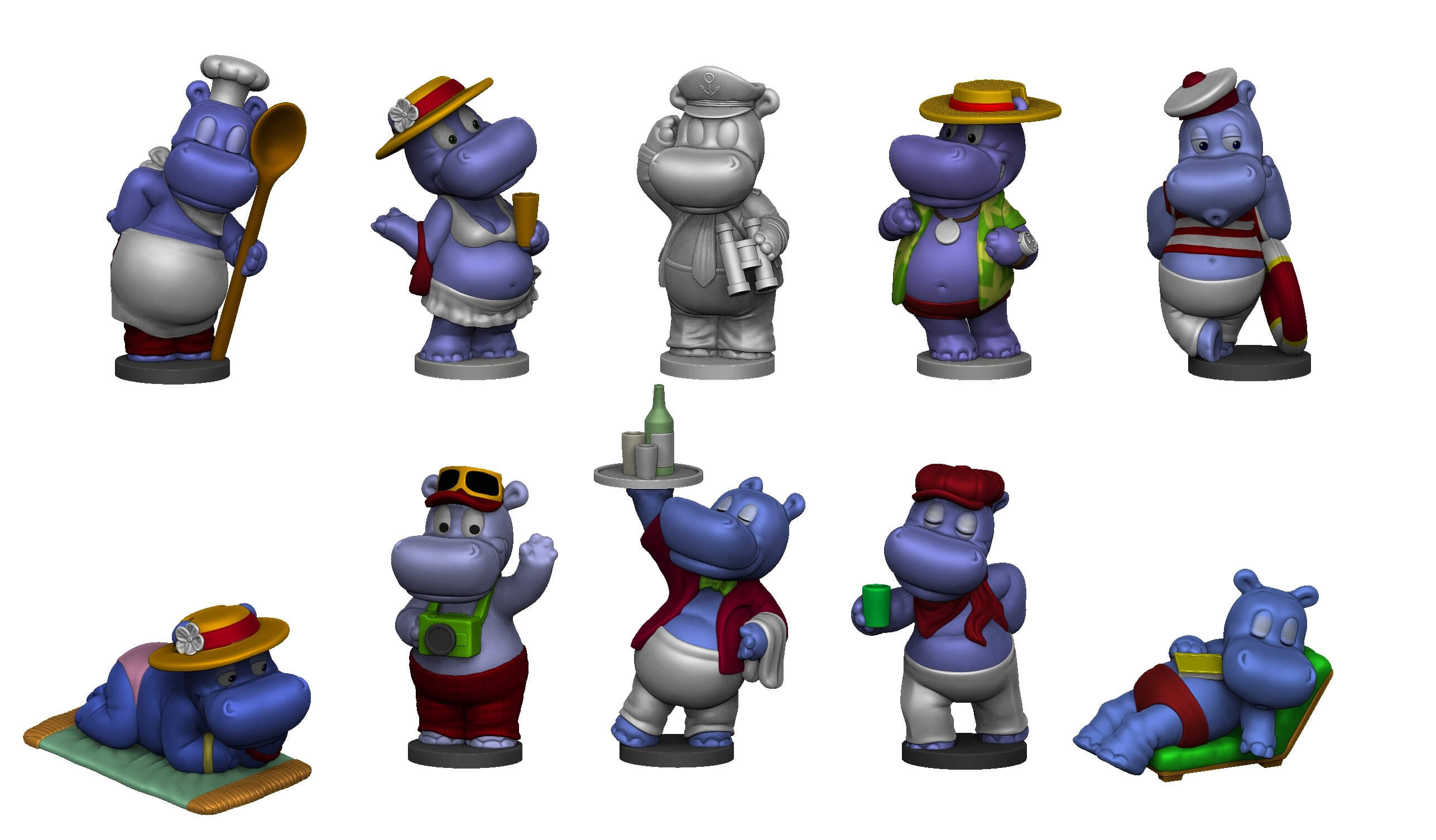 Collection of hippos from Kinder Surprise 1992 3D Render