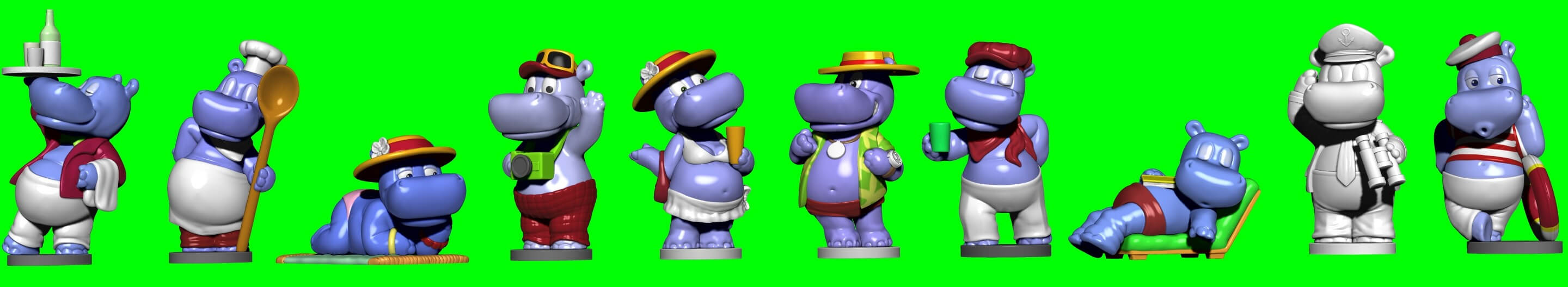 Collection of hippos from Kinder Surprise 1992 3D Render