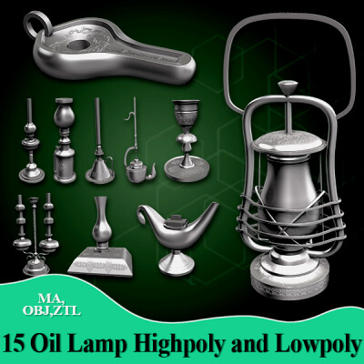 15 Oil Lamp Highpoly and Low Poly