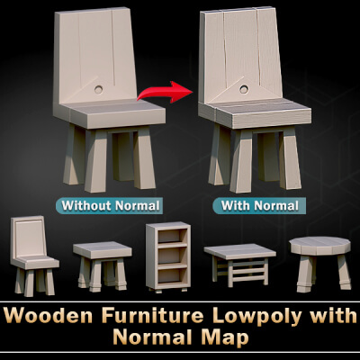 Wooden Furniture Lowpoly with Normal Map