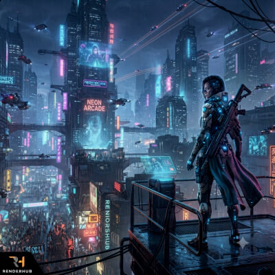 Cyberpunk Neon Metropolis Future Guardian