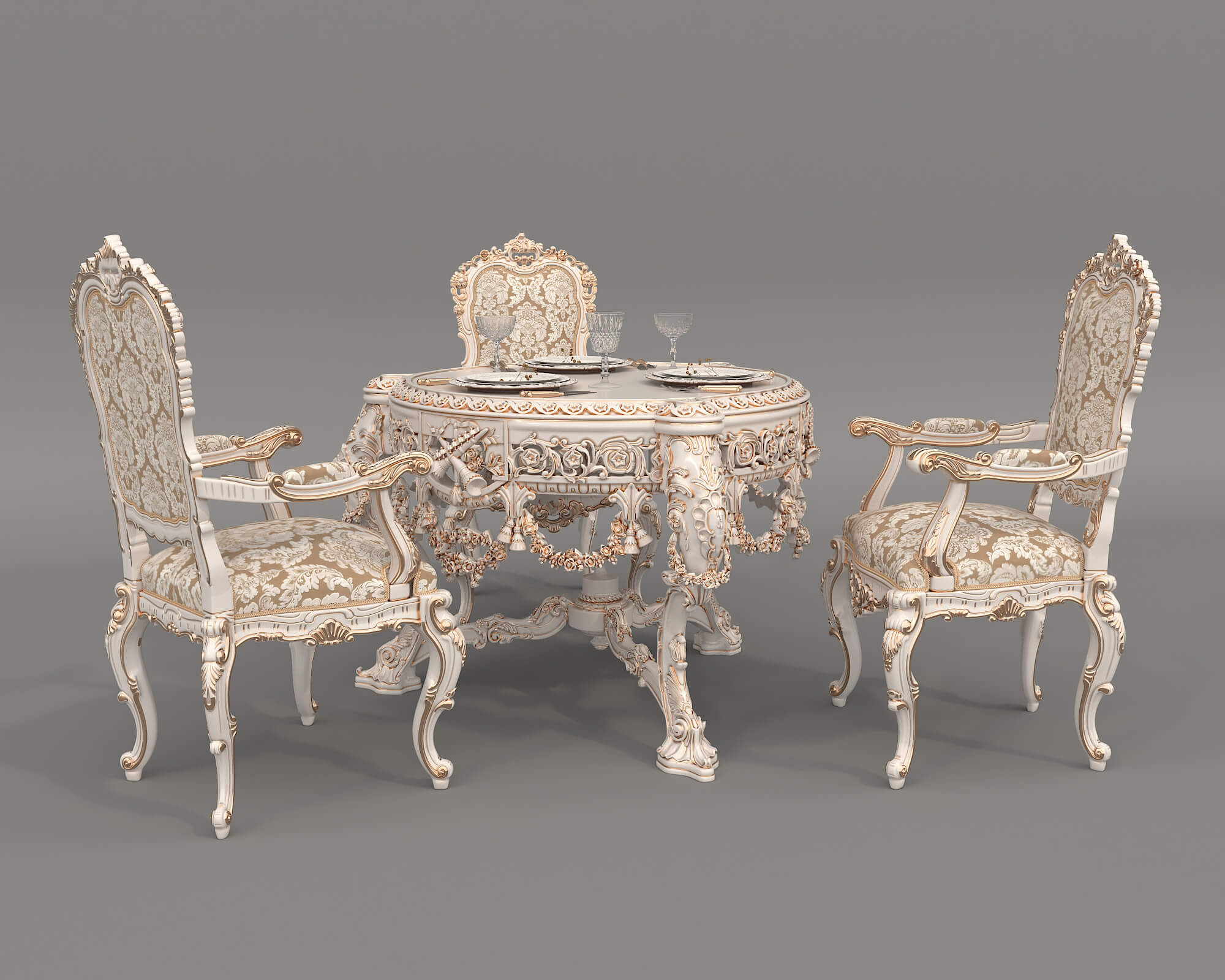 Classic European Style Dining Table and Chairs 60 - 3D Model by nhattuankts