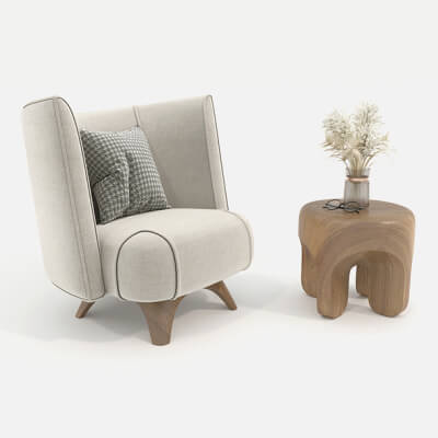 Modern Wingback Armchair with Organic Wooden Side Table