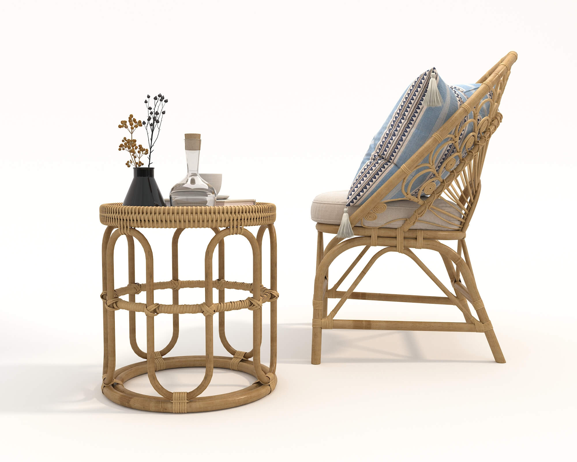 Rattan Coffee Table and Chairs 6 - 3D Model by nhattuankts