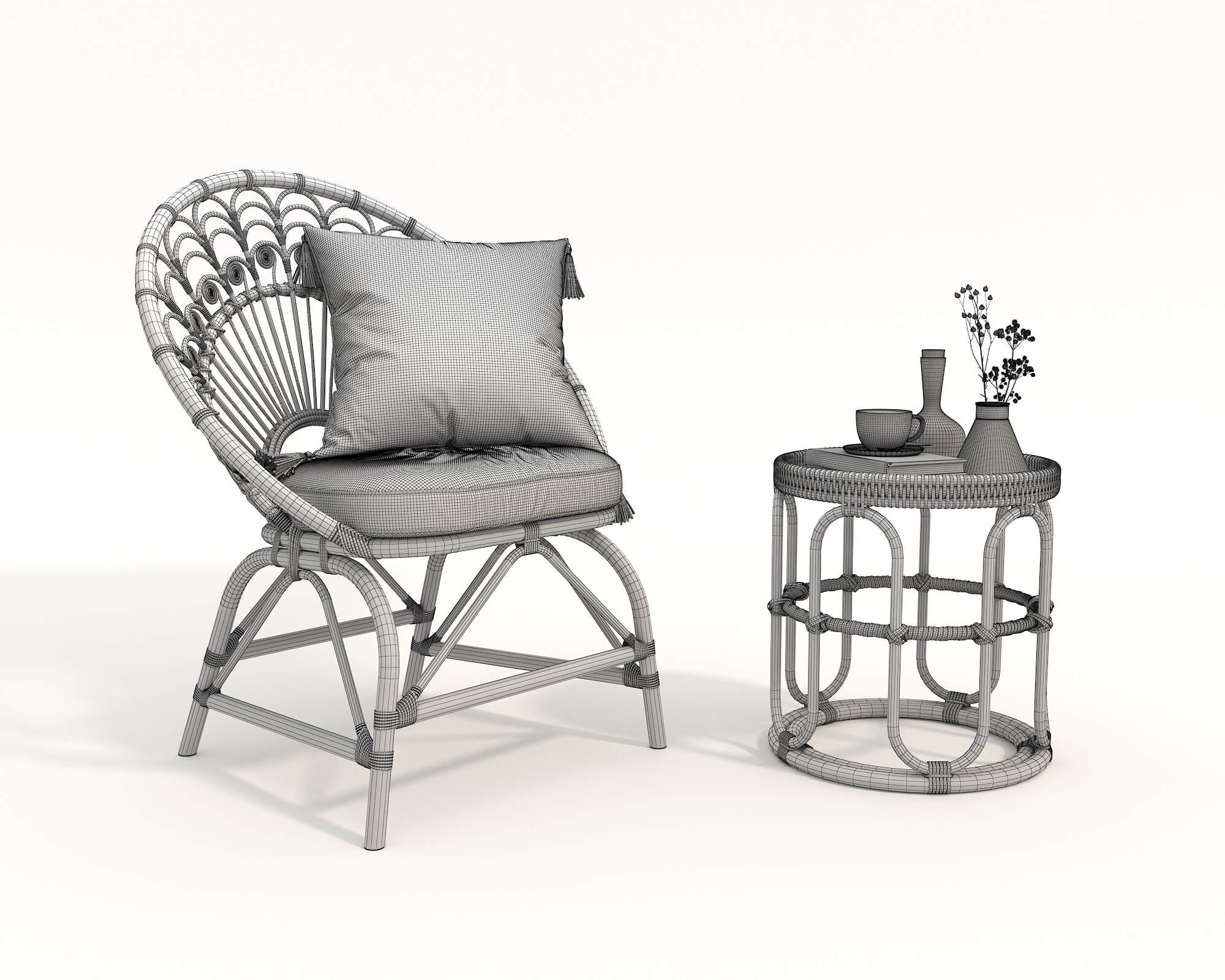 Rattan Coffee Table and Chairs 6 - 3D Model by nhattuankts
