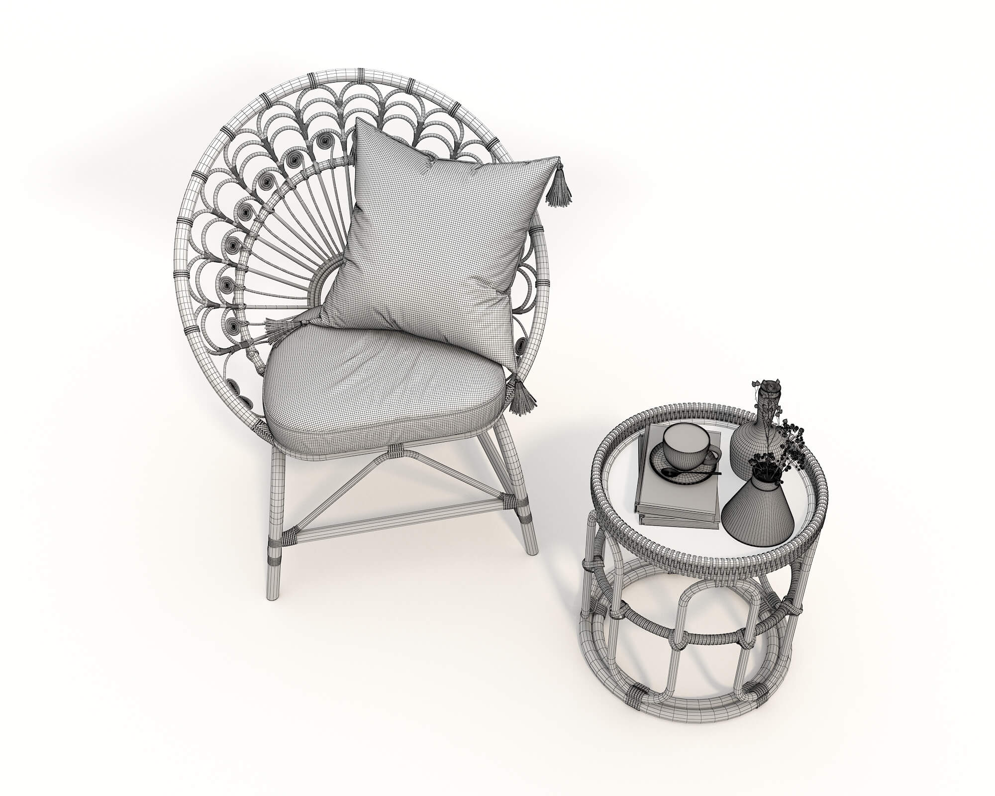 Rattan Coffee Table and Chairs 6 - 3D Model by nhattuankts
