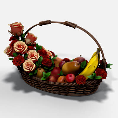 Basket with Flowers and Fruits 3D Model
