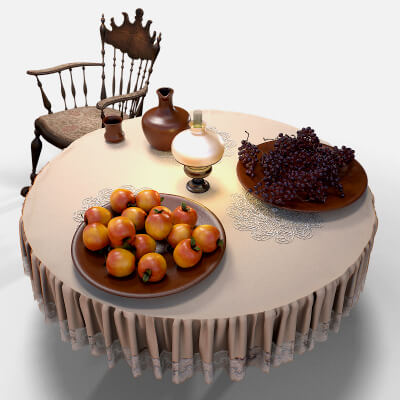 Furniture Set with Dishes and Fruits 3D Model