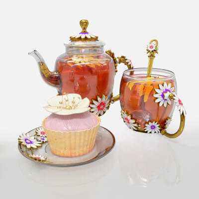 Handmade Tea Set With Cake 3D Model