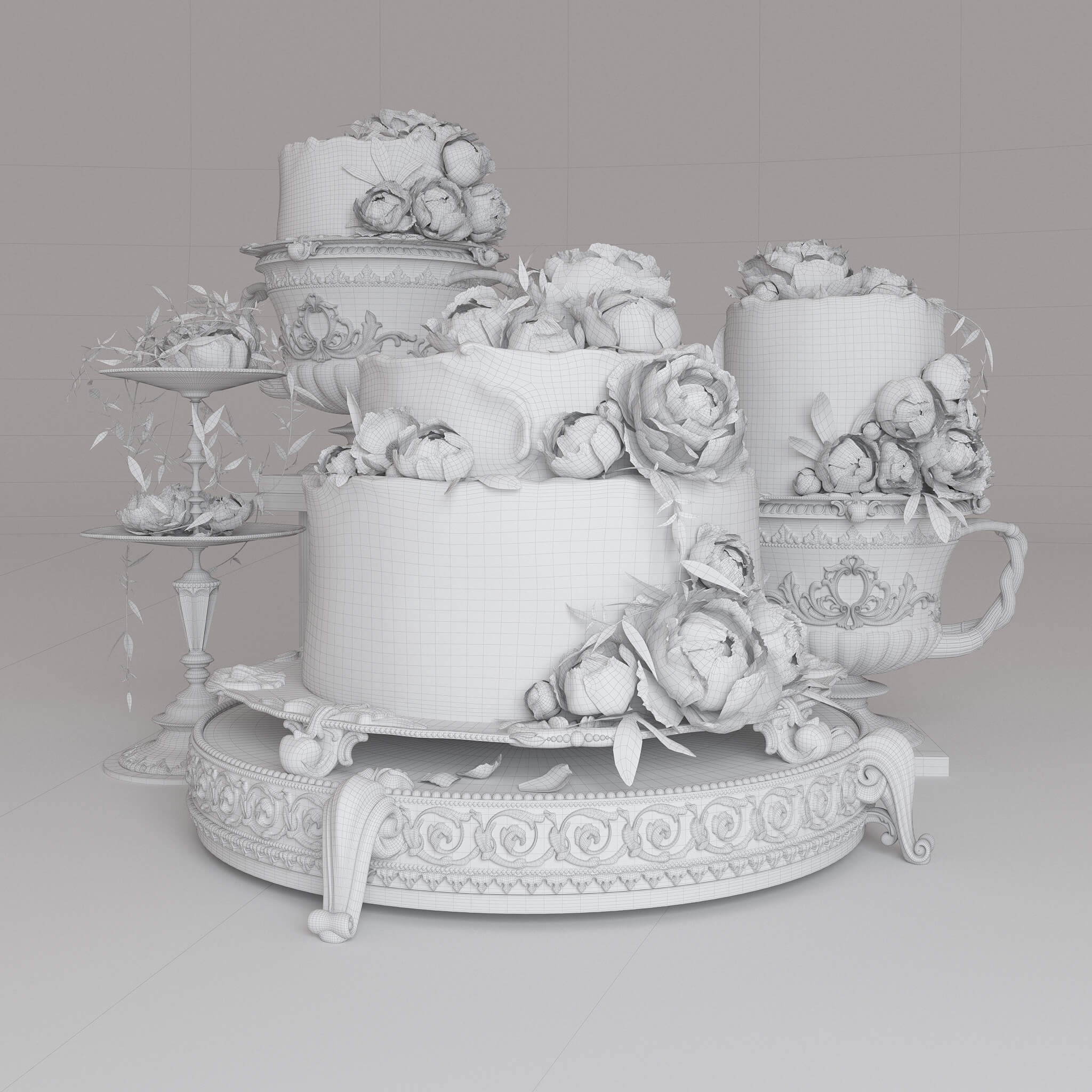 The Wedding Cake With Peonies 3D Model by North2023 The Wedding Cake With Peonies 3D Model by North2023