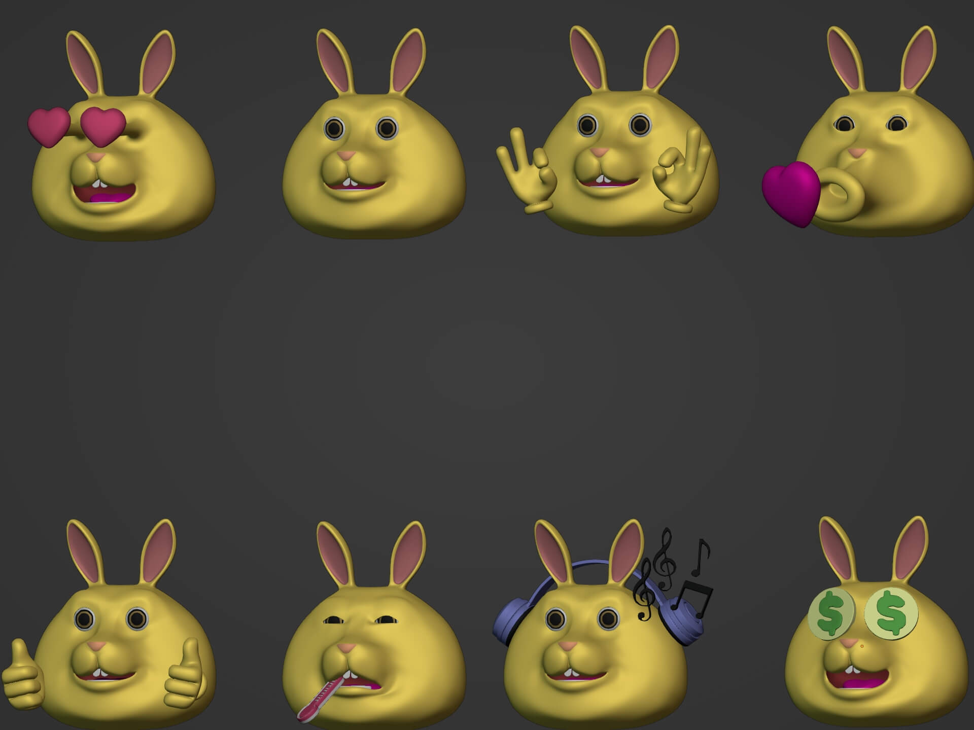 Cartoon Bunny Heads -- Smiley Pack 3D Model by Ocstard