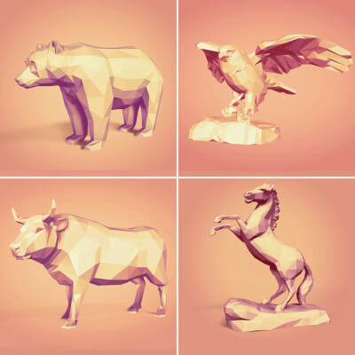Polygonal Animal Statues -- Bear - Eagle - Bull - Horse