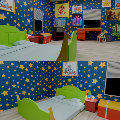 3D Kids Bedroom Interior - Cartoon Style Low Poly Room
