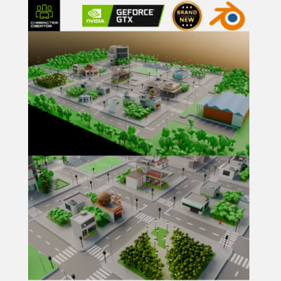 Low Poly City Block With Burger Shop &ndash Stylized Urban