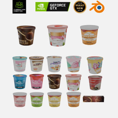 Realistic Ice Cream Pot 3D Model Colorful Flavors