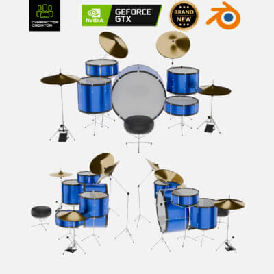 Realistic Blue Drum Kit 3D Model  Game-Ready Percussi