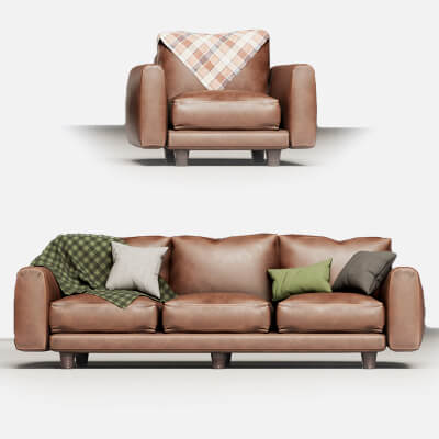 80s Brown Leather Sofa and Armchair Set