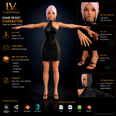 Asian Toon Female 3D Character Game-Ready PBR 4K FBX OBJ GLB