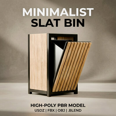 Minimalist Modern Slat Wood Trash Bin 3D Model