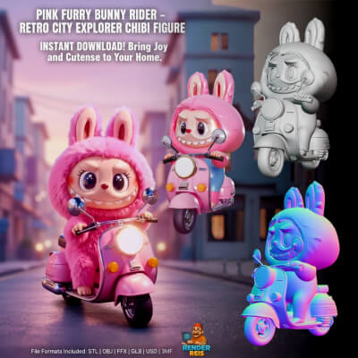 Pink Furry Bunny Rider &ndash Retro City Explorer Chibi Fig