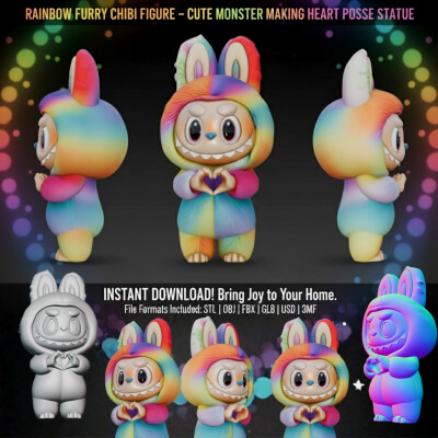 Rainbow Furry Chibi Figure &ndash Cute Monster Making Heart